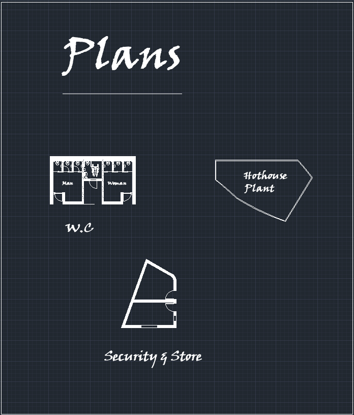 General plan sheet for W.C, hothouse plant, security and store.