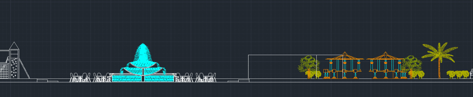Fountain and seating elevation strip.