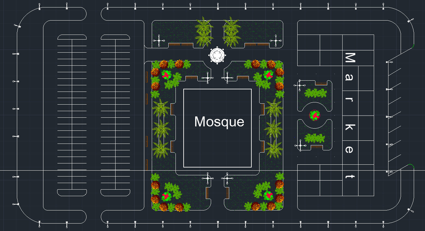 Central mosque, market and parking planning core.