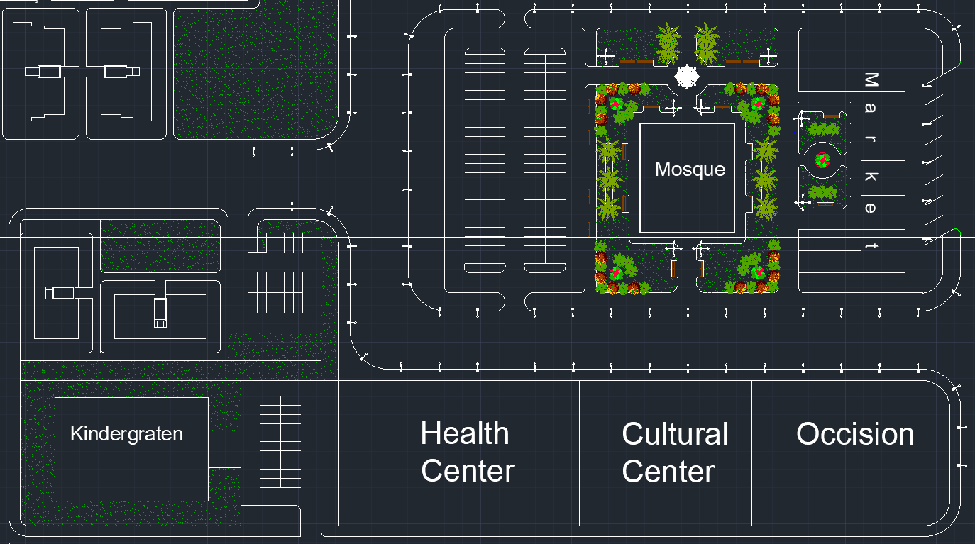 Public facilities zone with kindergarten, health center and cultural center.