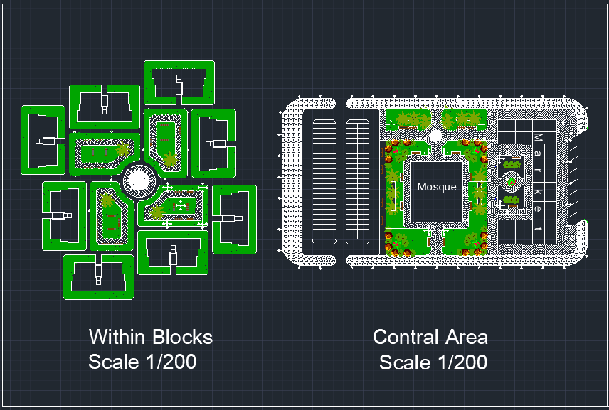 Within-block and central area plans at 1/200 scale.
