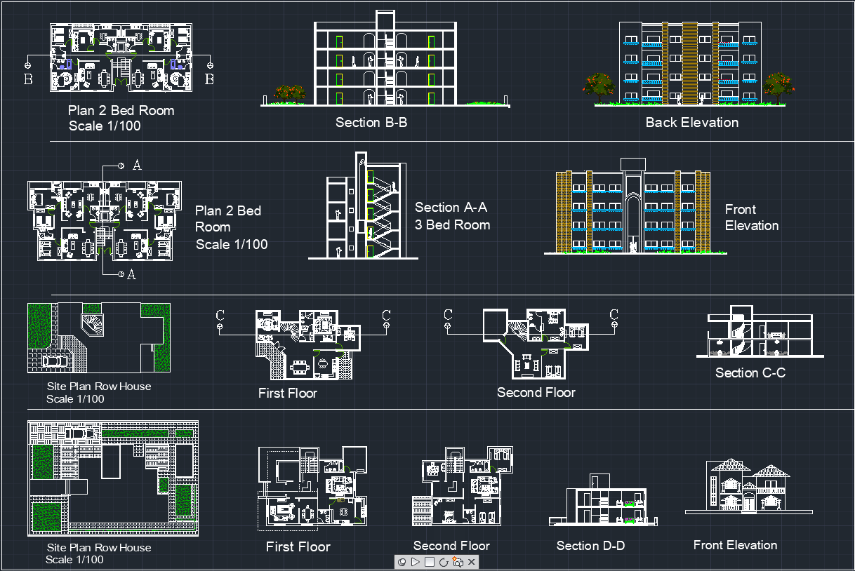 Drawing sheet with plans, sections and elevations.