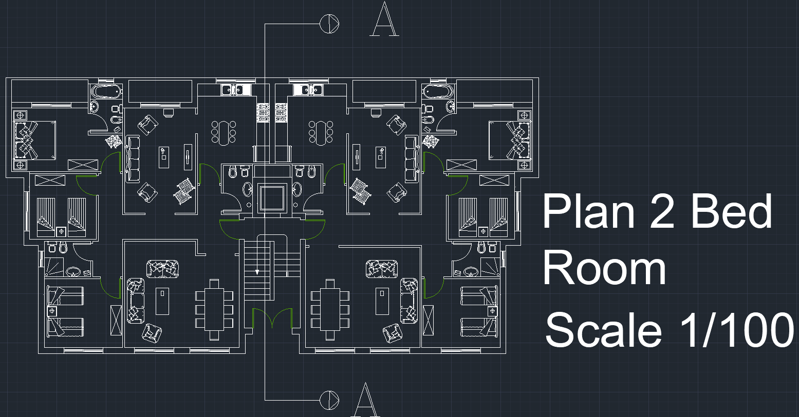 Two-bedroom plan at 1/100 scale.