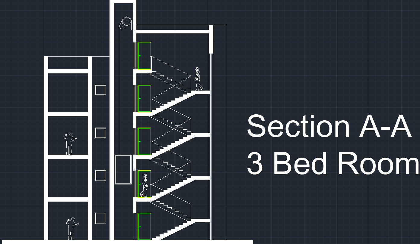Section A-A for three-bedroom room block.
