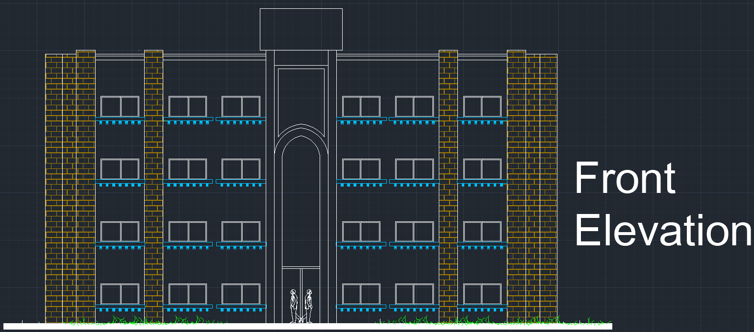Front elevation colored facade drawing.