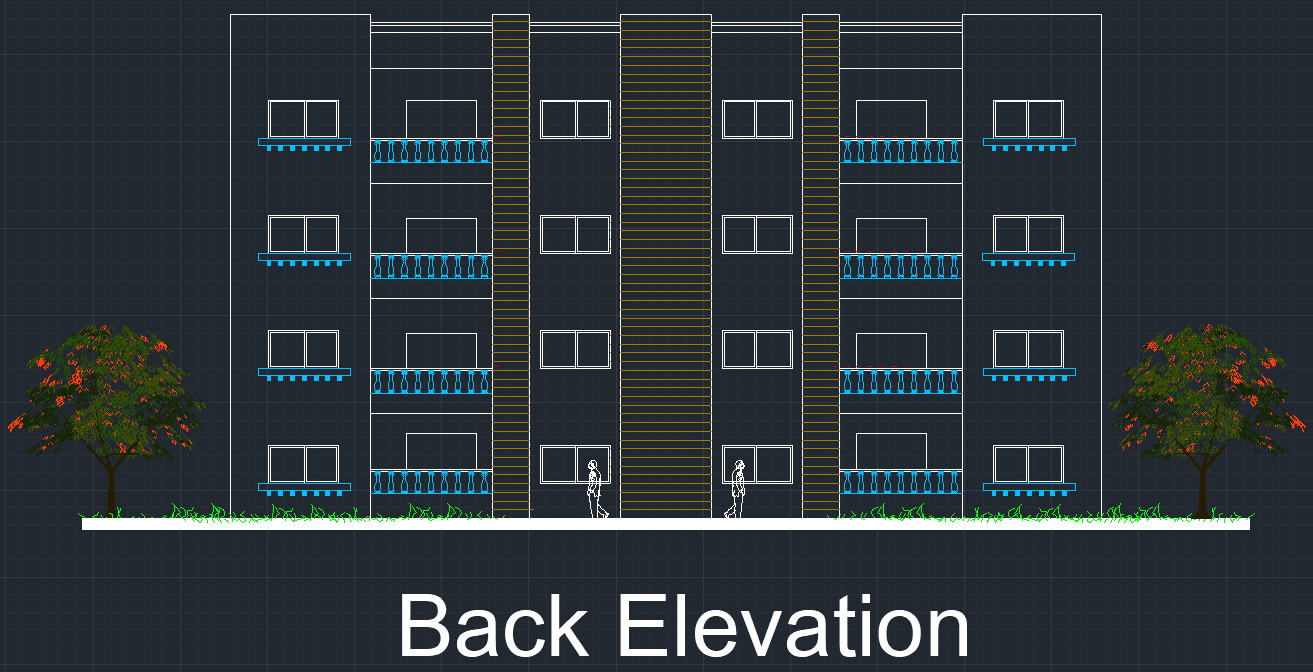 Back elevation colored facade drawing.
