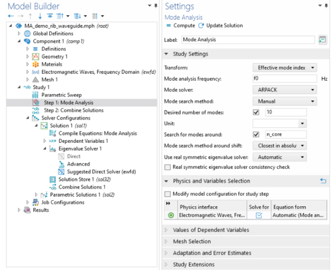 COMSOL mode-analysis settings for optical waveguide