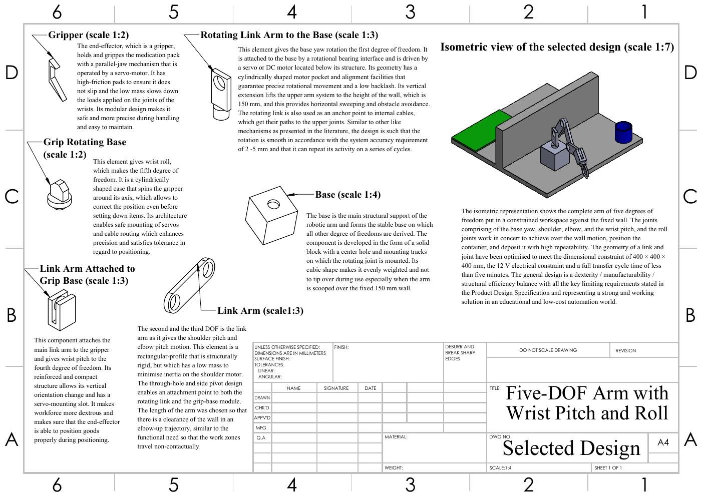 Five-DOF robotic arm selected design sheet